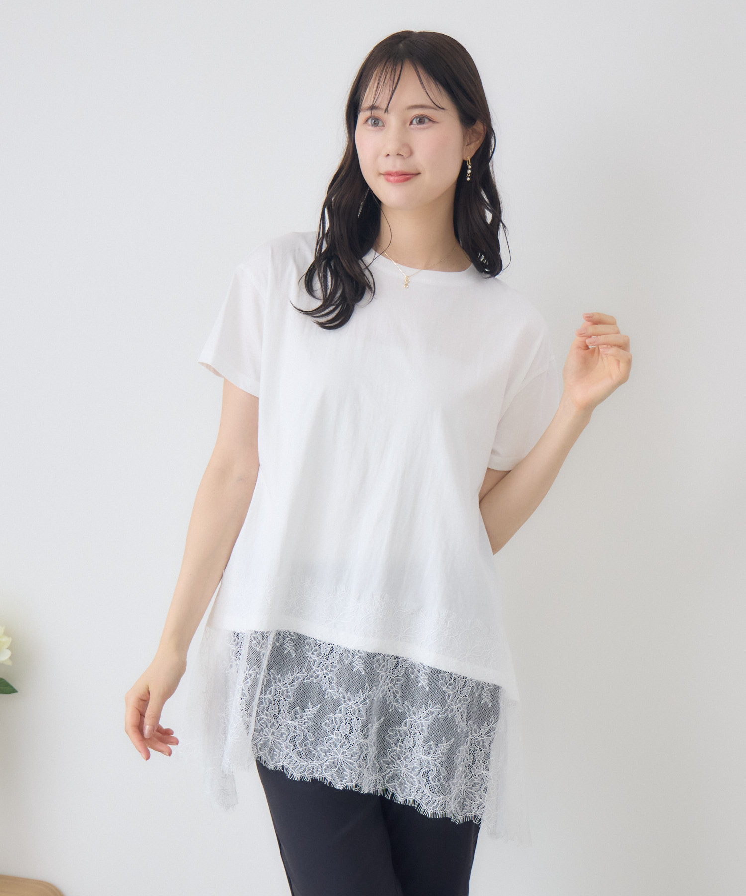 新品タグ付　NINE ホワイト長袖チュニック シルクコットン　綿　絹 レース 美シルエット」シアーレースチュニック | IKG crossing