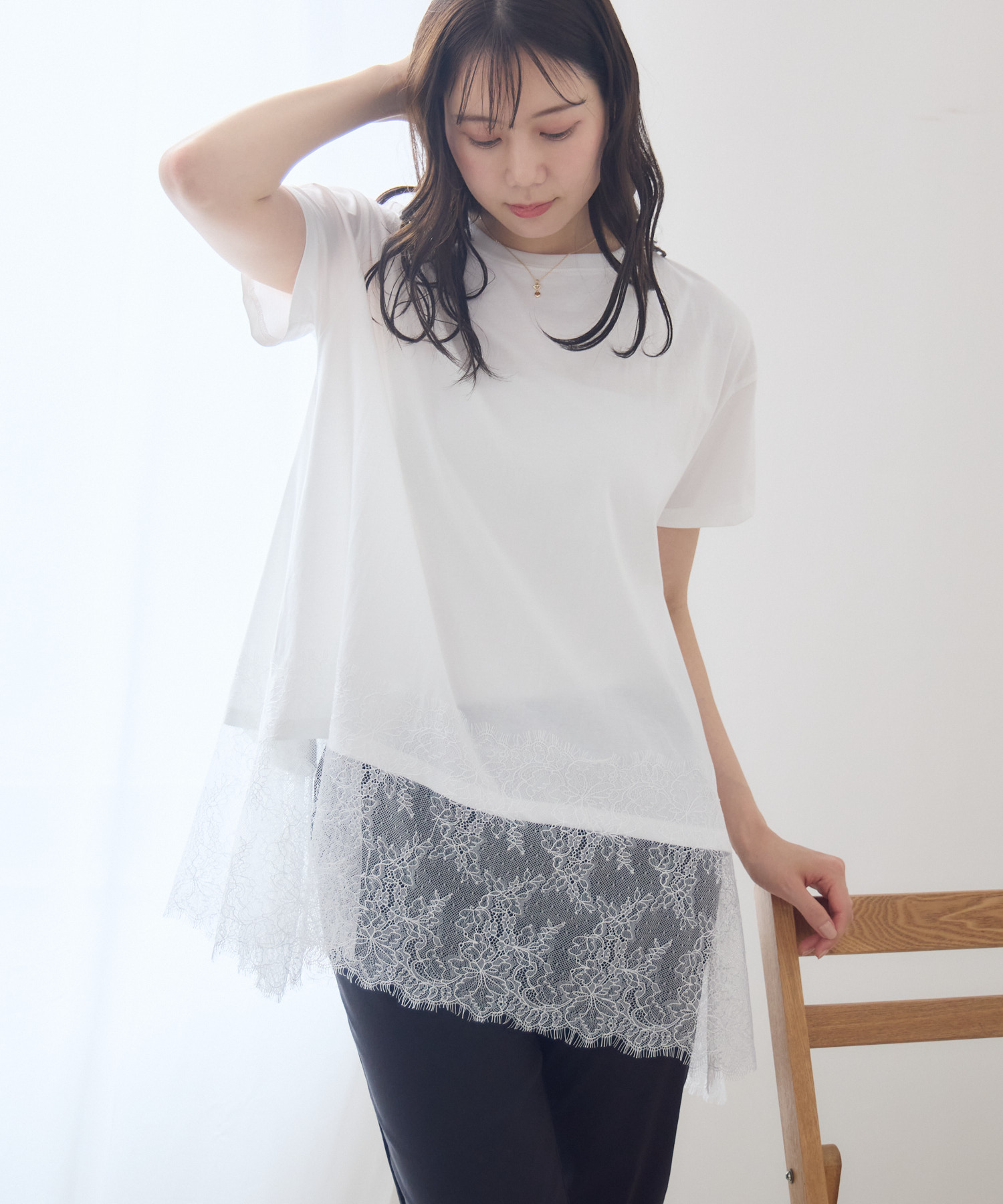 新品タグ付　NINE ホワイト長袖チュニック シルクコットン　綿　絹 レース 美シルエット」シアーレースチュニック | IKG crossing