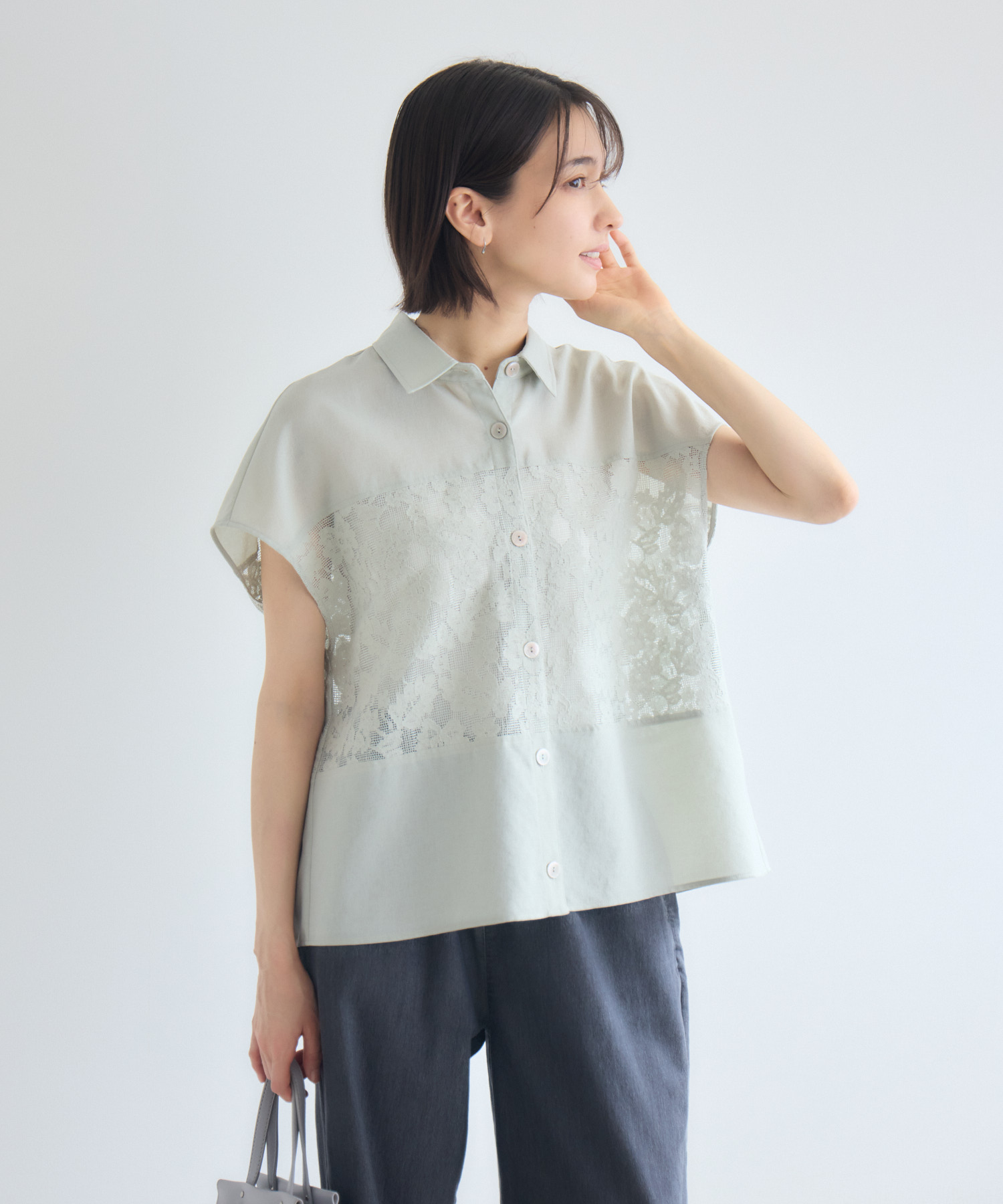 美品 45R 薄オックスのアニーシャツ 長袖 フリル レース 杉咲花 サンプル エアリースラブレースシャツ | IKG crossing