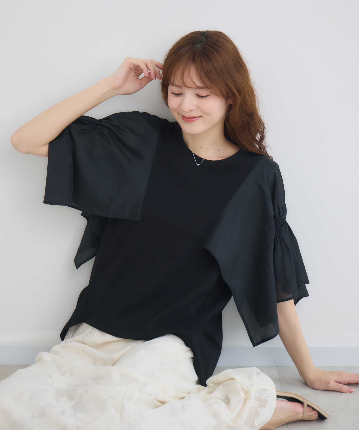 予約】【抗菌・防油・防汚・防水】三防加工ギャザーフレア袖カットソー