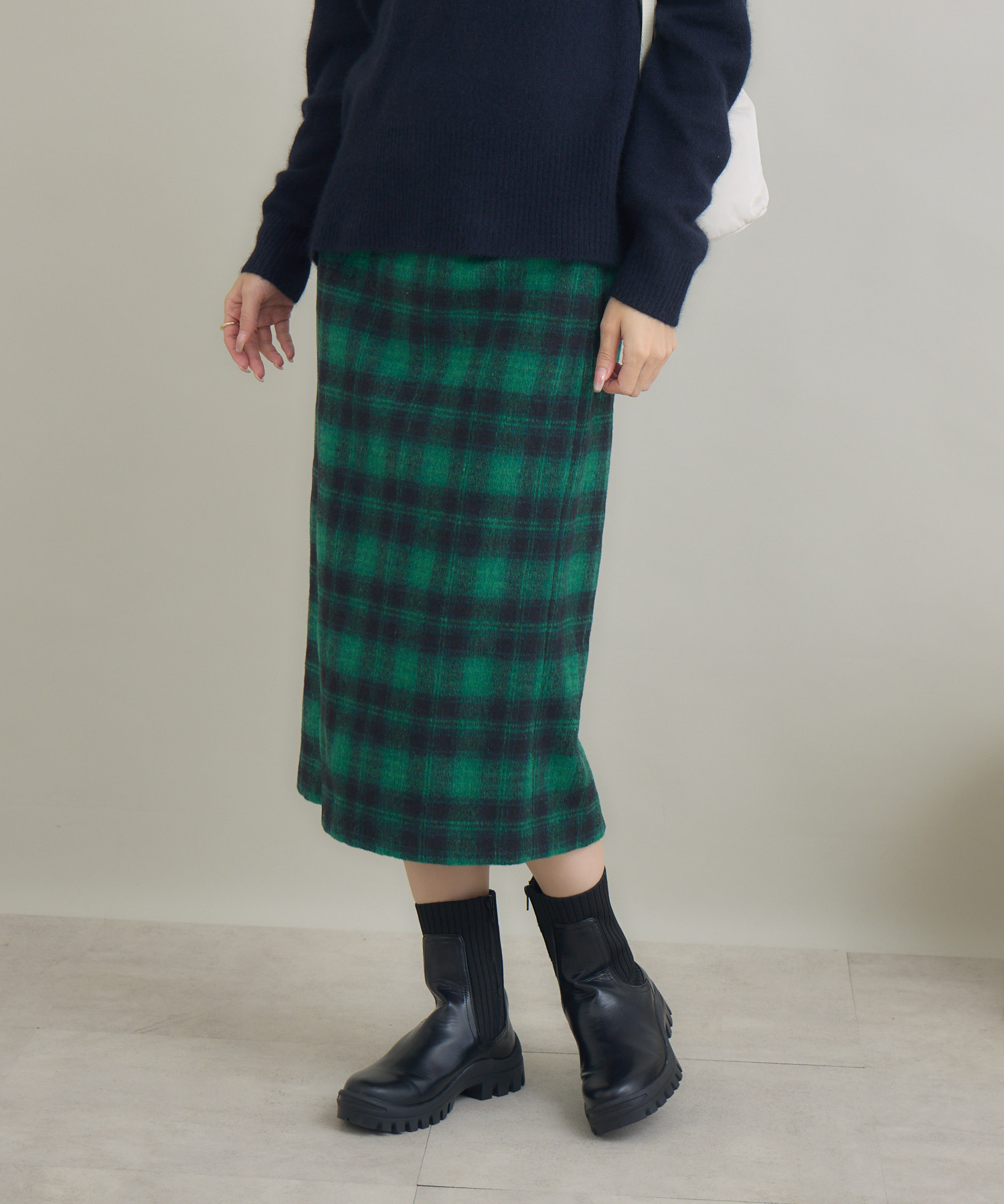 homspun グリーンチェックスカート S　size homspun コットンリネンチェックダブルポケットスカート グリーン