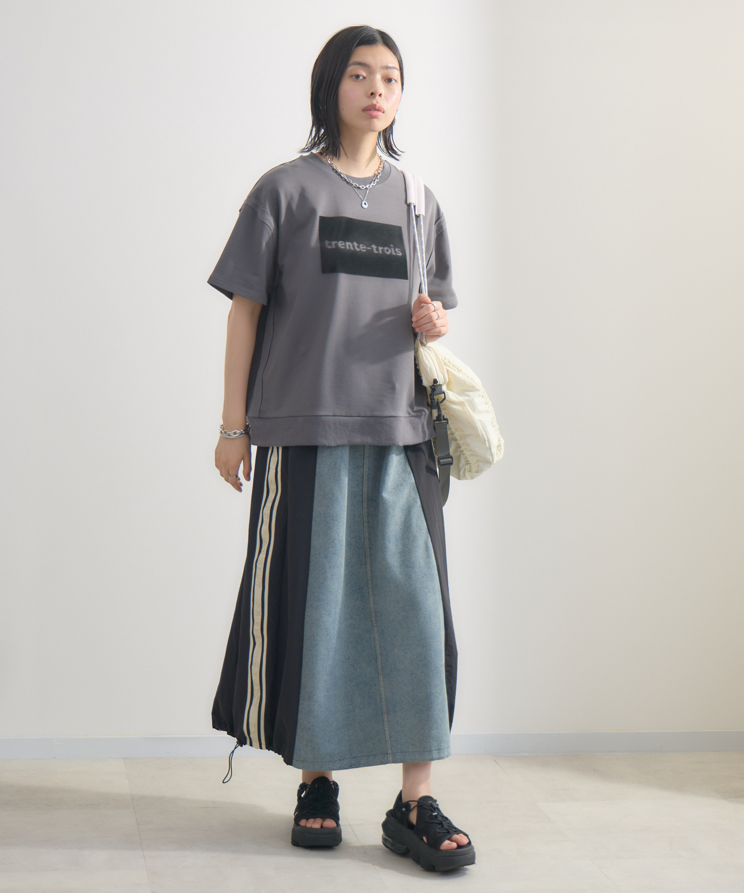 サイドライン異素材切替デニムスカート | IKG crossing