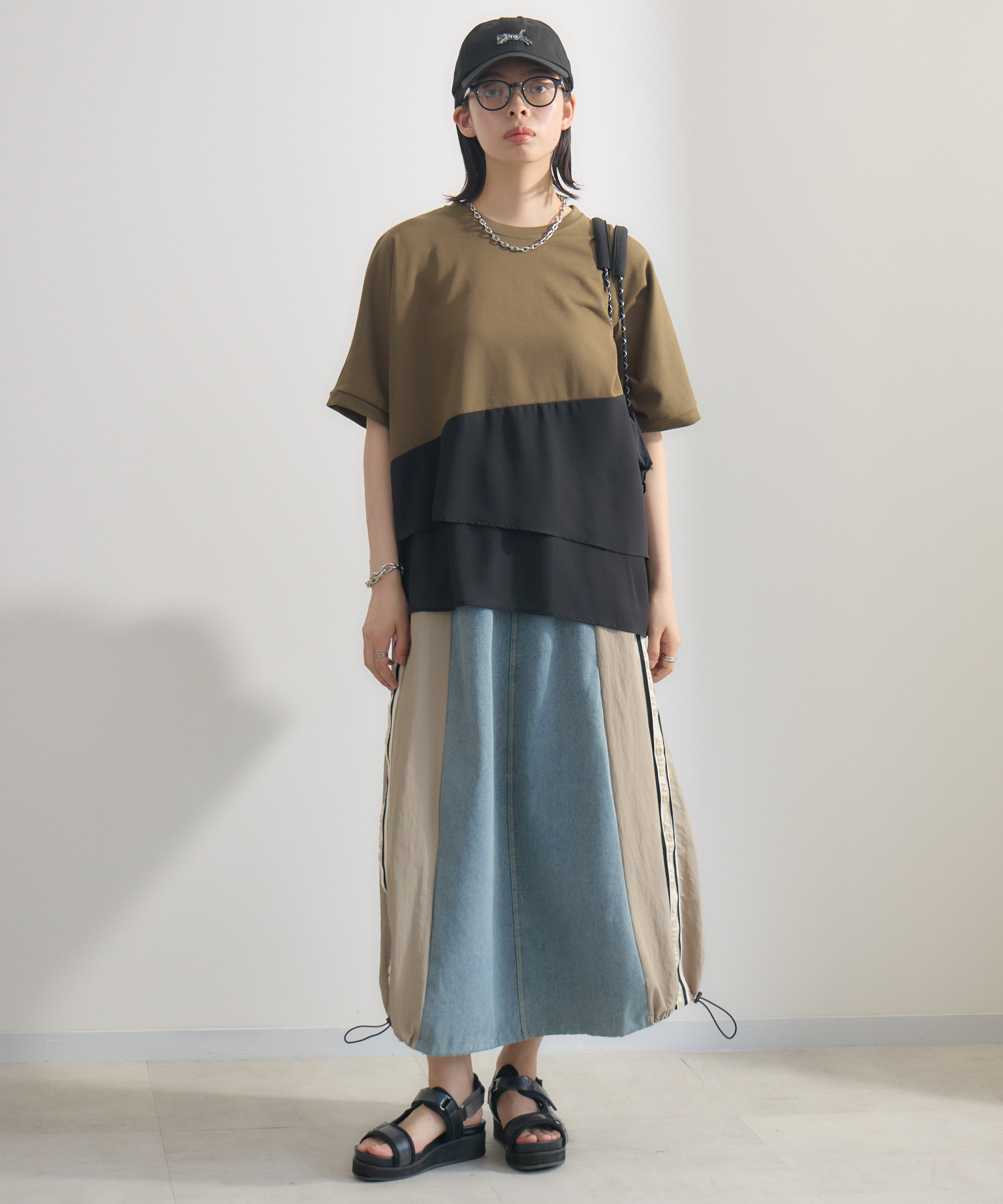 サイドライン異素材切替デニムスカート | IKG crossing