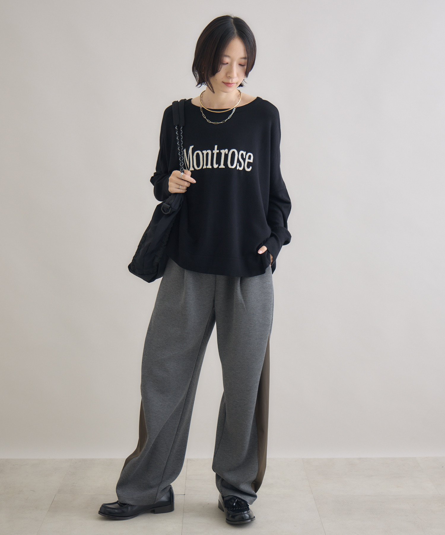 ブラック ワイドパンツ BAYFLOW パンツ 「ストレッチ・シワ軽減」2タックツイルワイド