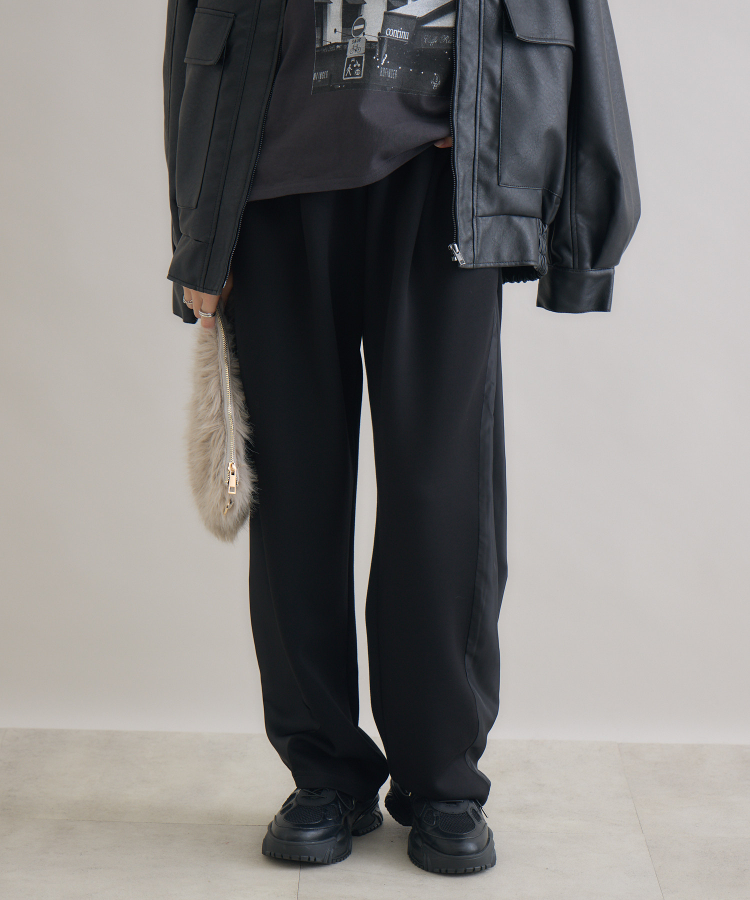 ブラック ワイドパンツ BAYFLOW パンツ 「ストレッチ・シワ軽減」2タックツイルワイド
