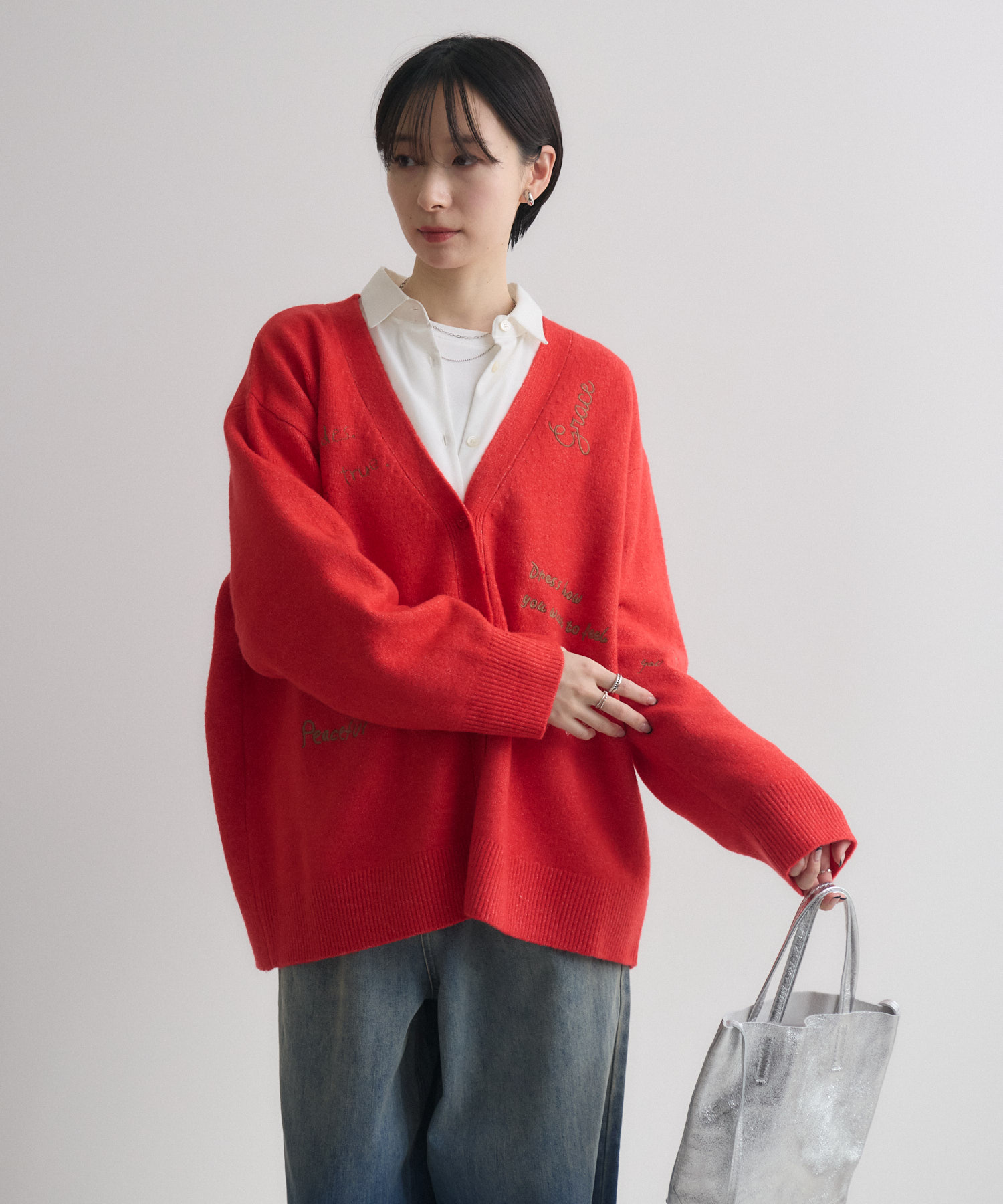 ROSIEE レタリング刺繍ニットカーディガン | IKG crossing