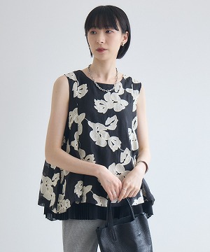 【美品】iCONOLOGY / 立体刺繍 マオカラーノースリーブブラウス オーガンジー刺繍裾プリーツノースリーブブラウス | IKG crossing