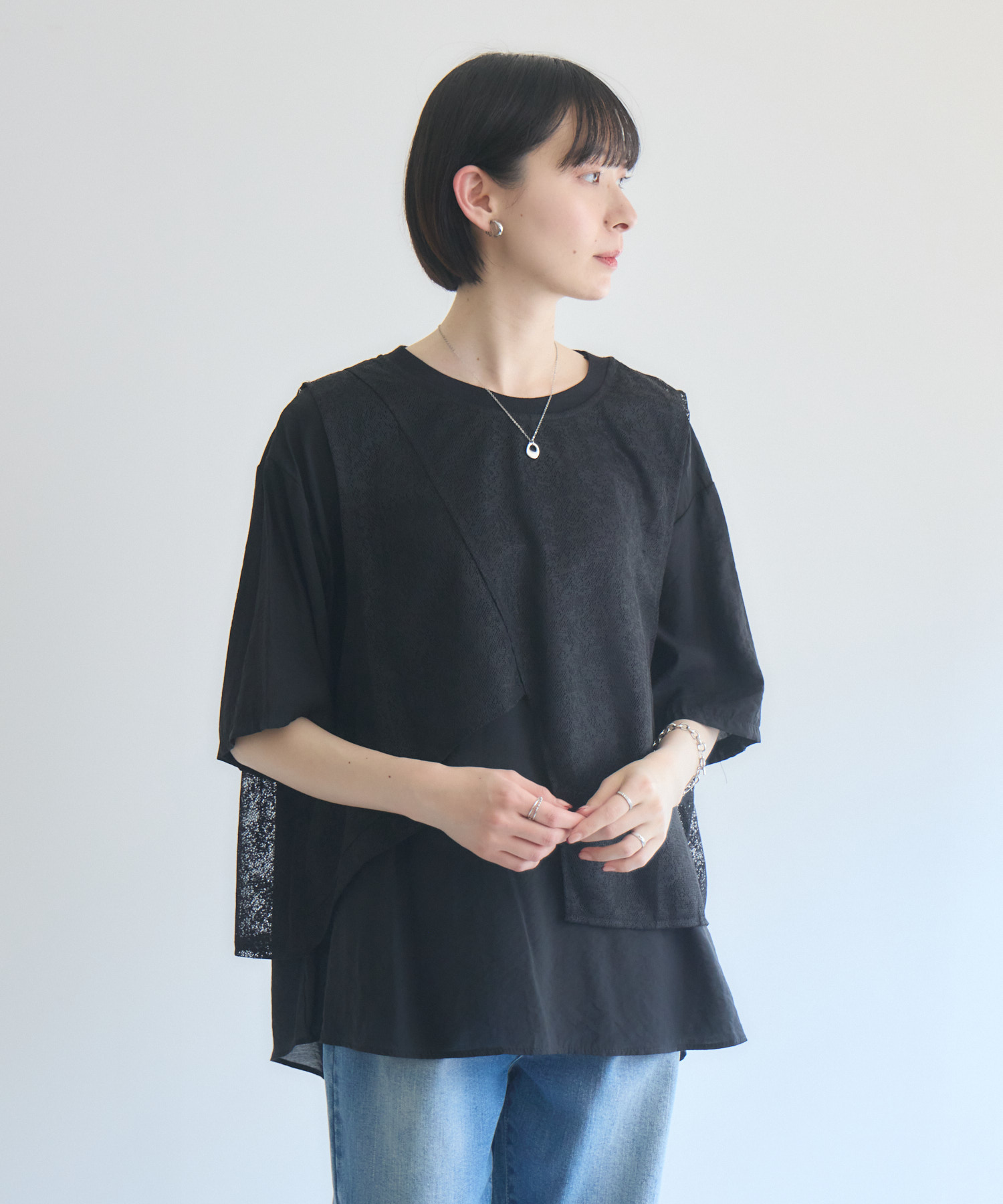 異素材アシメレイヤードデザインTシャツ | IKG crossing