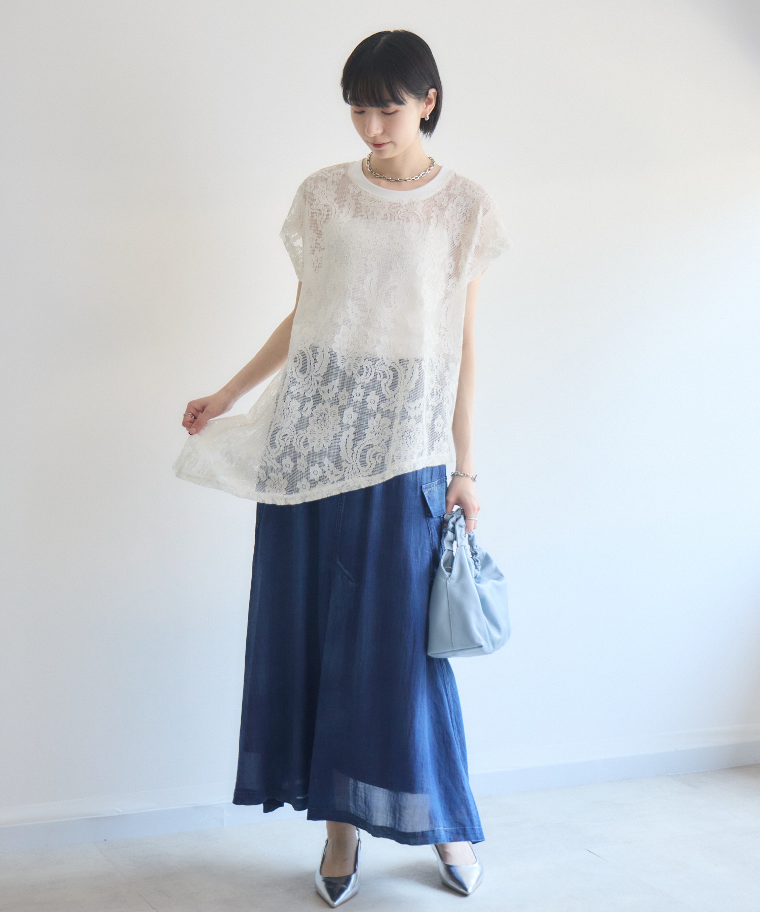 トップス エムズグレイシー カットソー Tシャツ ネイビー 38 綿 透かし 