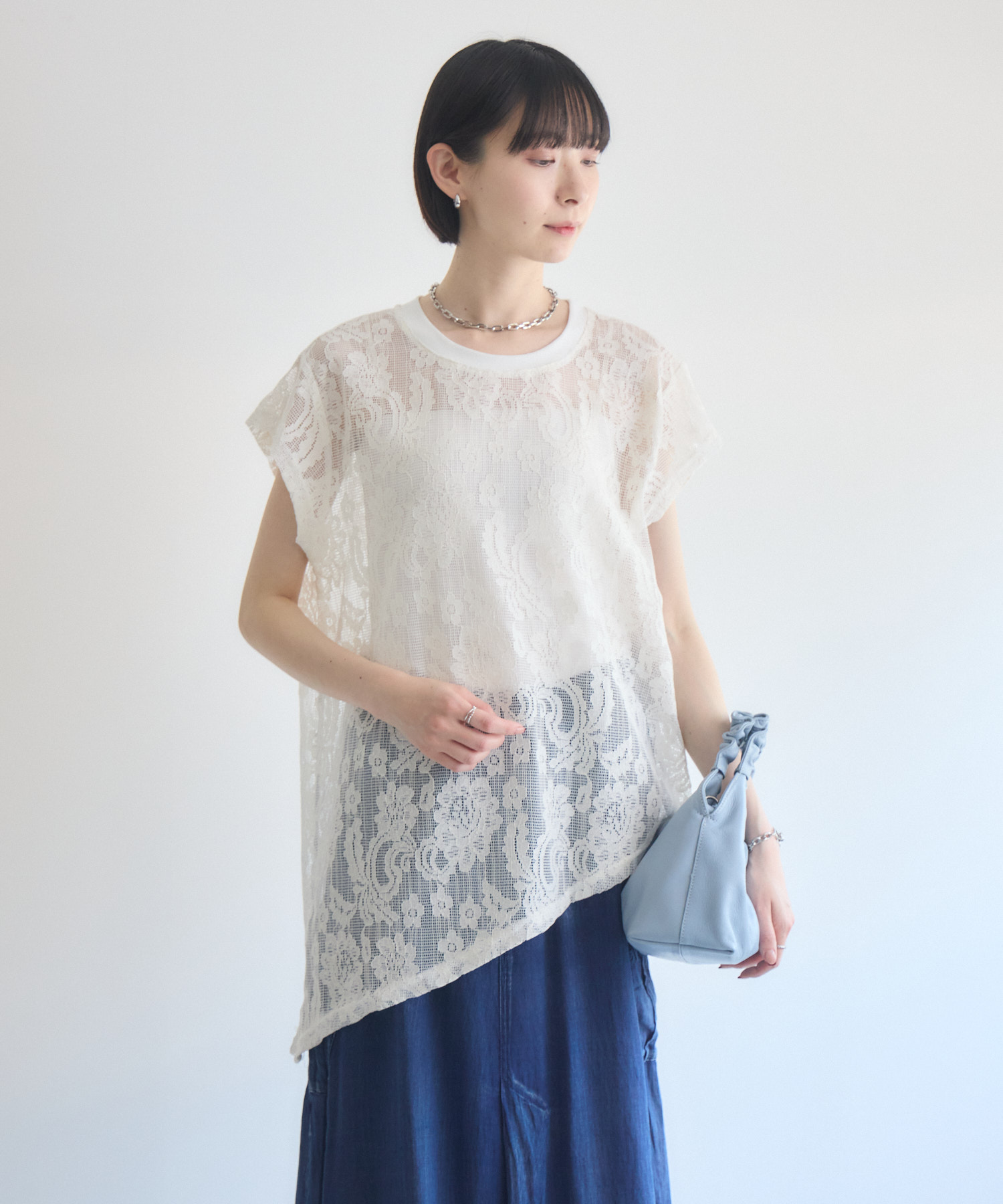残りわずか】透かしレースアシメTシャツ | IKG crossing