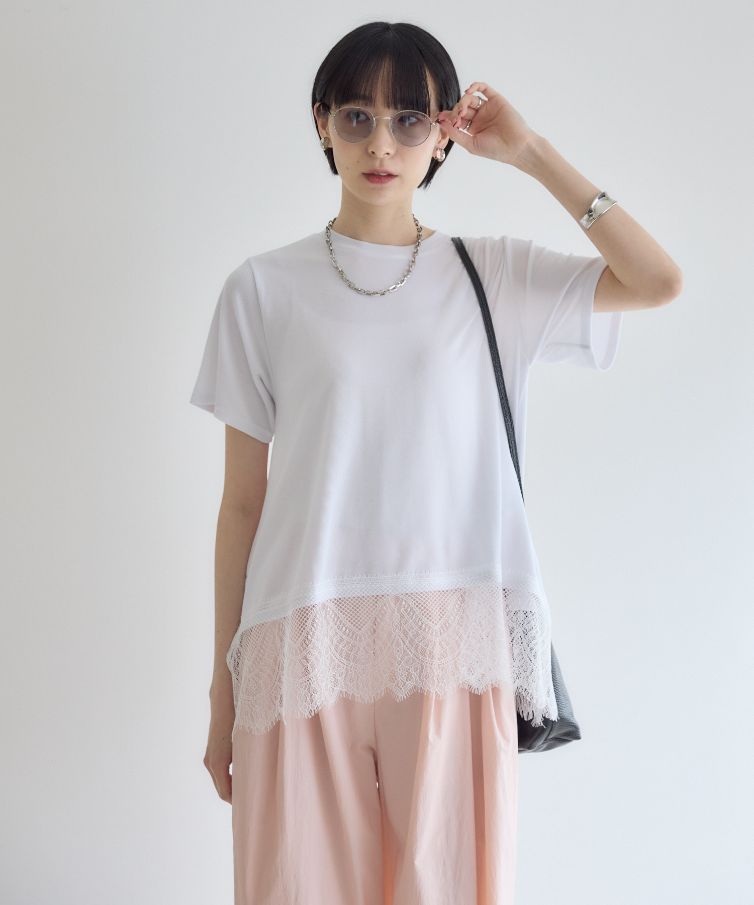 pois ホワイト 半袖 トップス ROSIEE 裾レース半袖トップス | IKG crossing