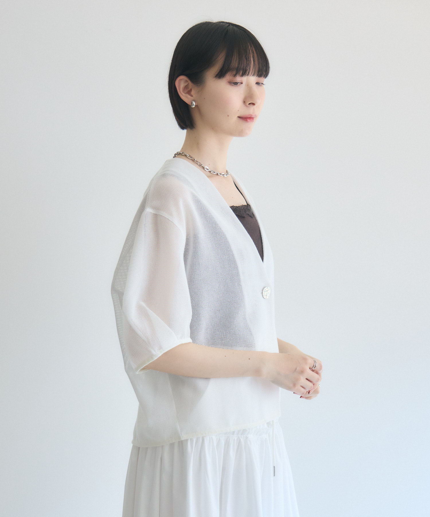 残りわずか】ROSIEE デザインボタンメッシュ半袖ジャケット | IKG crossing