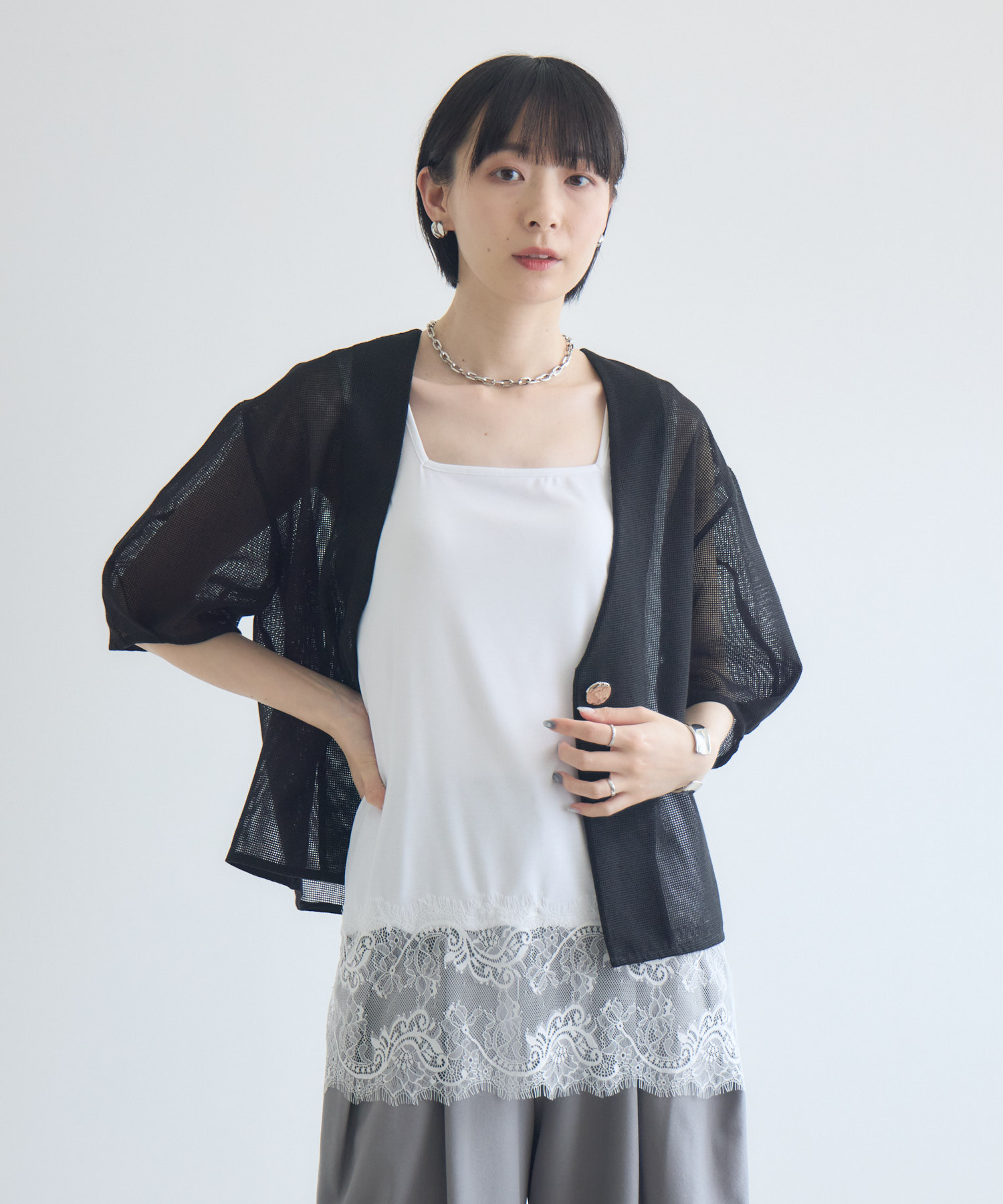 残りわずか】ROSIEE デザインボタンメッシュ半袖ジャケット | IKG crossing