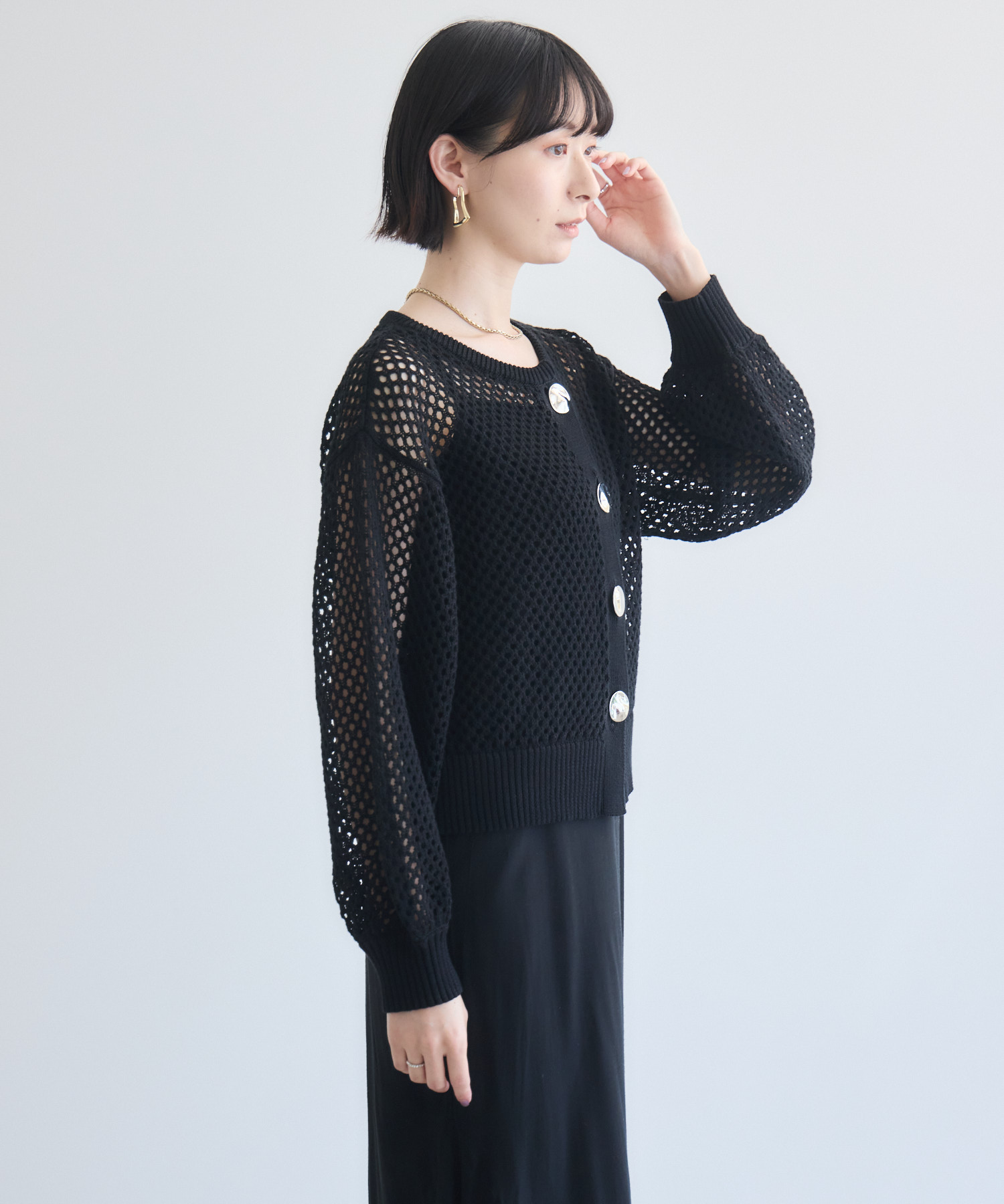 残りわずか】ROSIEE メタル釦メッシュニットカーディガン | IKG crossing