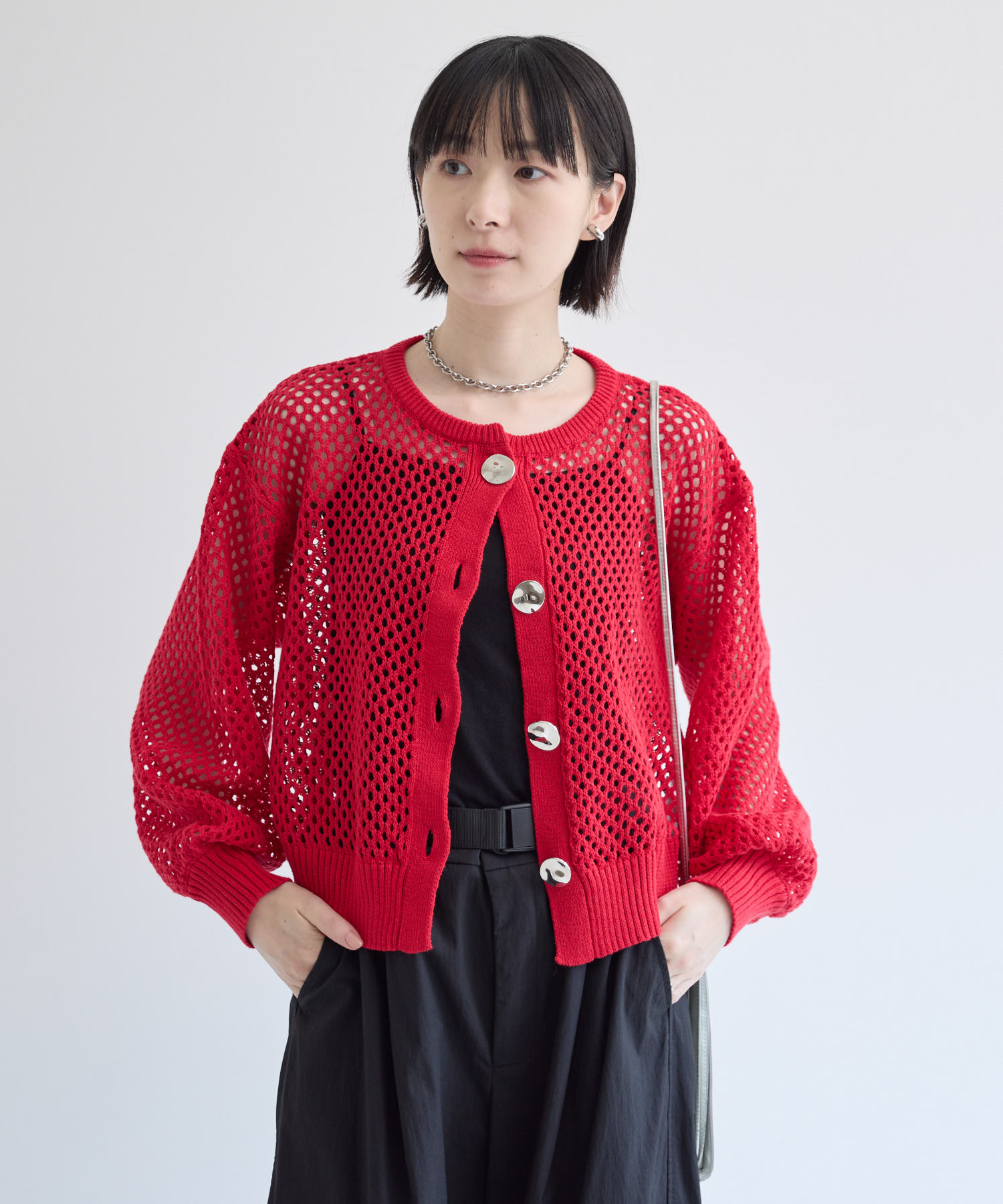 残りわずか】ROSIEE メタル釦メッシュニットカーディガン | IKG crossing