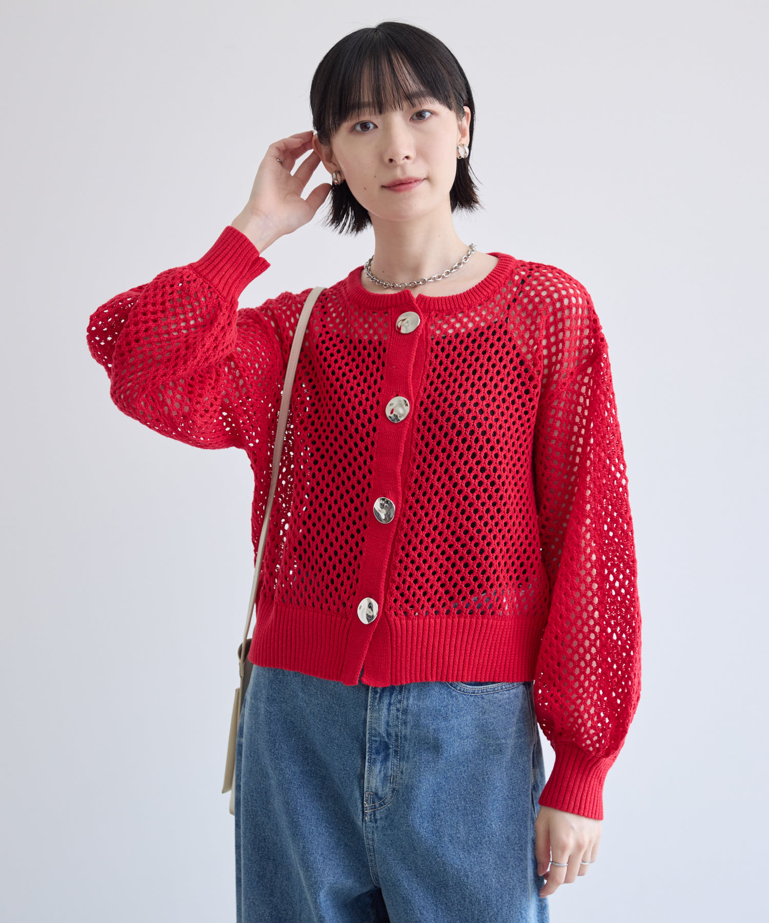 残りわずか】ROSIEE メタル釦メッシュニットカーディガン | IKG crossing