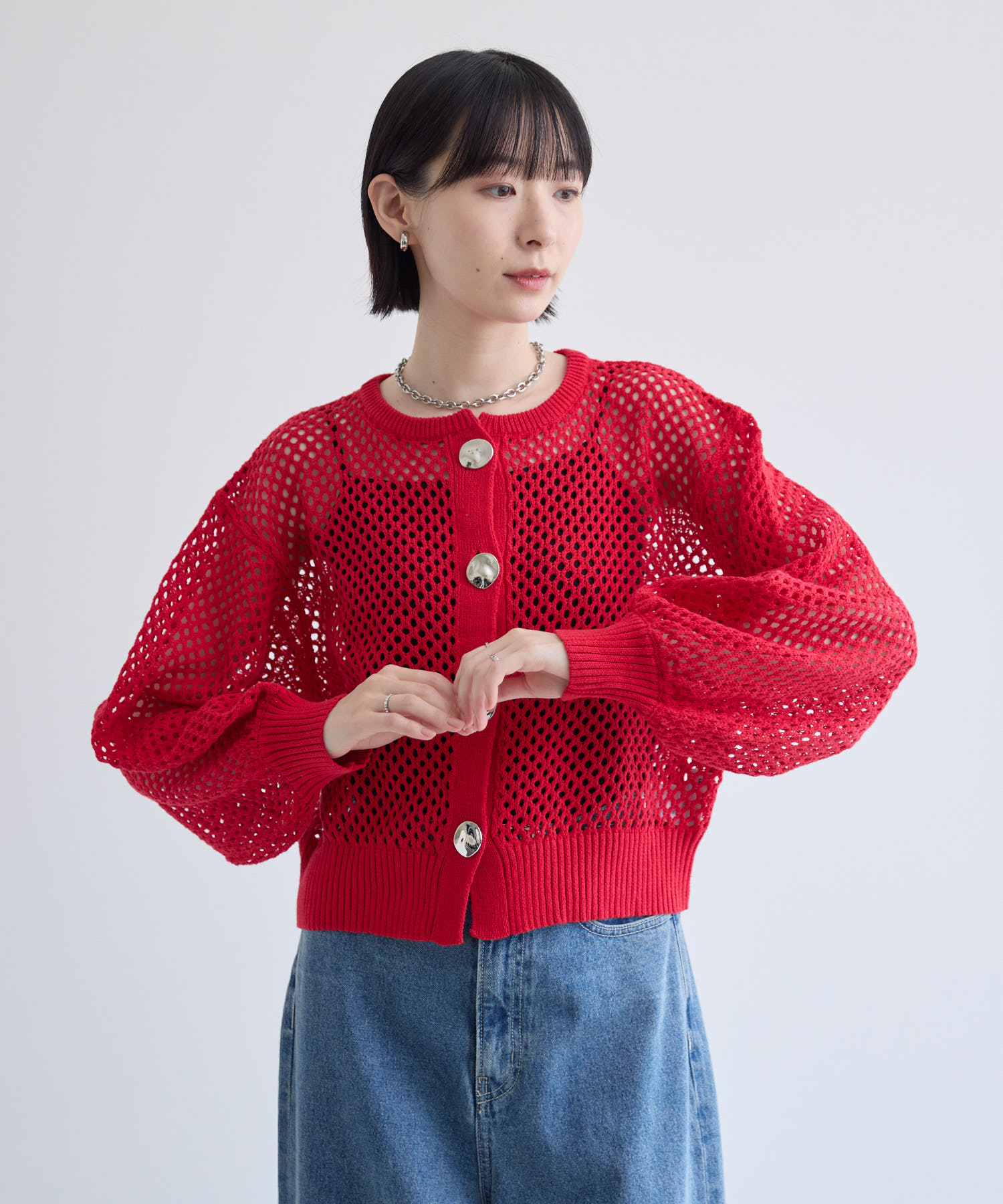 残りわずか】ROSIEE メタル釦メッシュニットカーディガン | IKG crossing