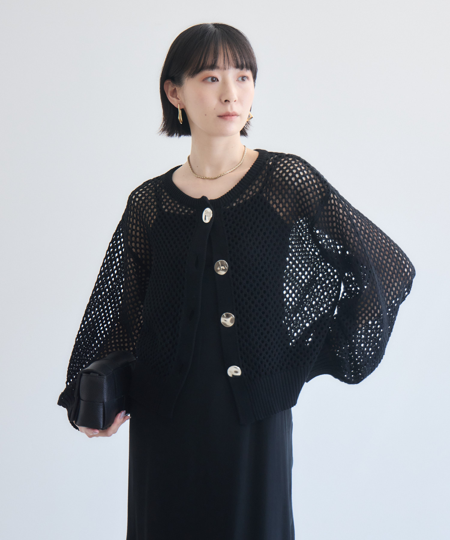残りわずか】ROSIEE メタル釦メッシュニットカーディガン | IKG crossing