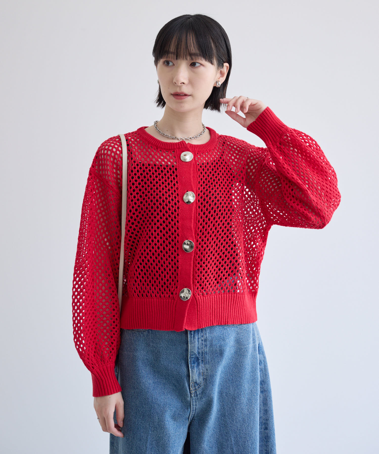 残りわずか】ROSIEE メタル釦メッシュニットカーディガン | IKG crossing