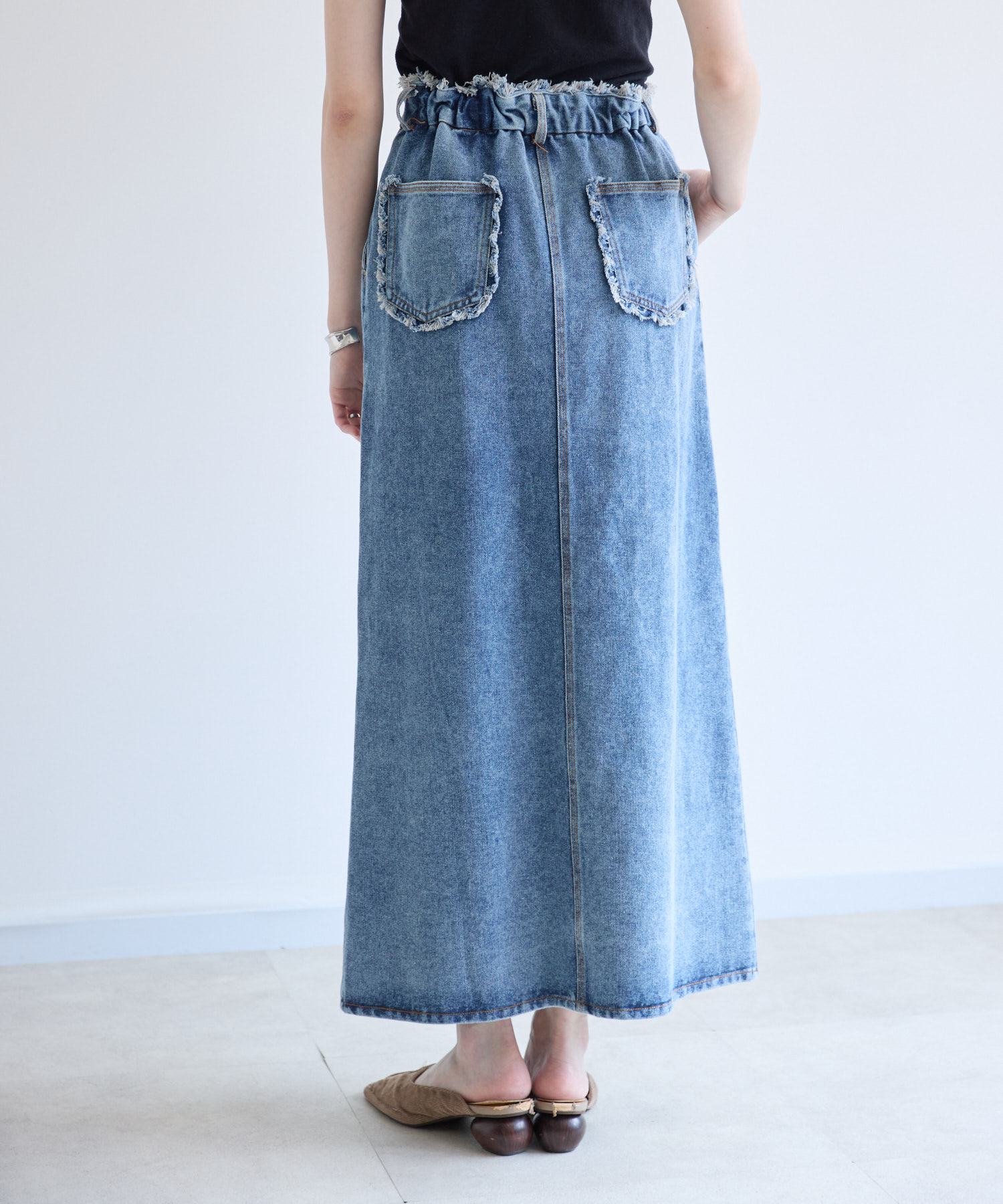 Miporin95 刺繍デニムスカート ロング アシンメトリー osharewalker