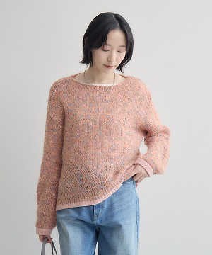 【幻の糸】ガラ紡 ガンジーセーター アイボリー　コットンニット XL 手紡ぎ風 ポンポンヤーンカラフルニット | IKG crossing