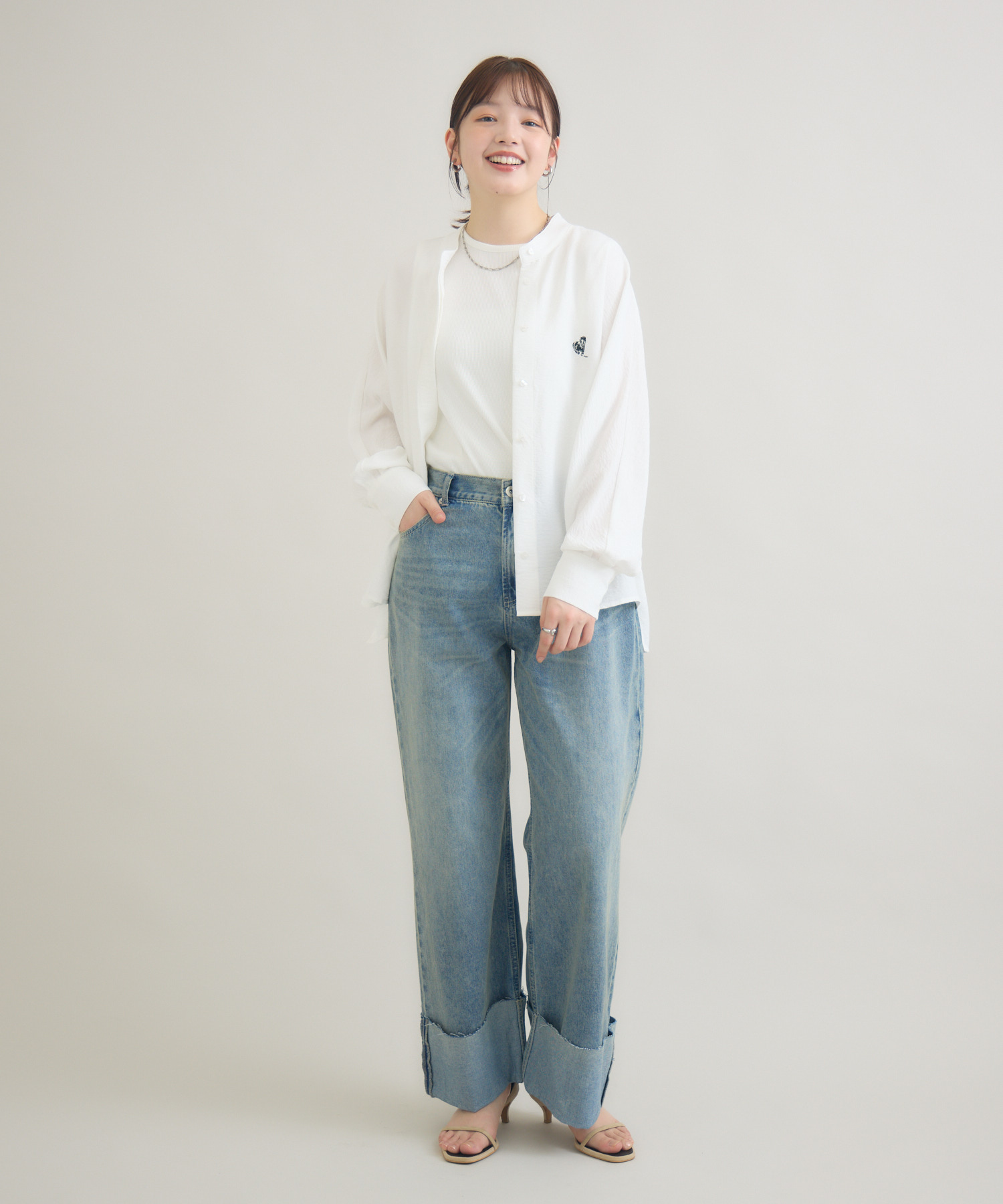 KAPITAL ホワイトシャツ マリン 刺繍　サイズ1 ポケット おひさま牧場】「ムギ」刺繍ホワイトシャツ / meeny miny | IKG crossing