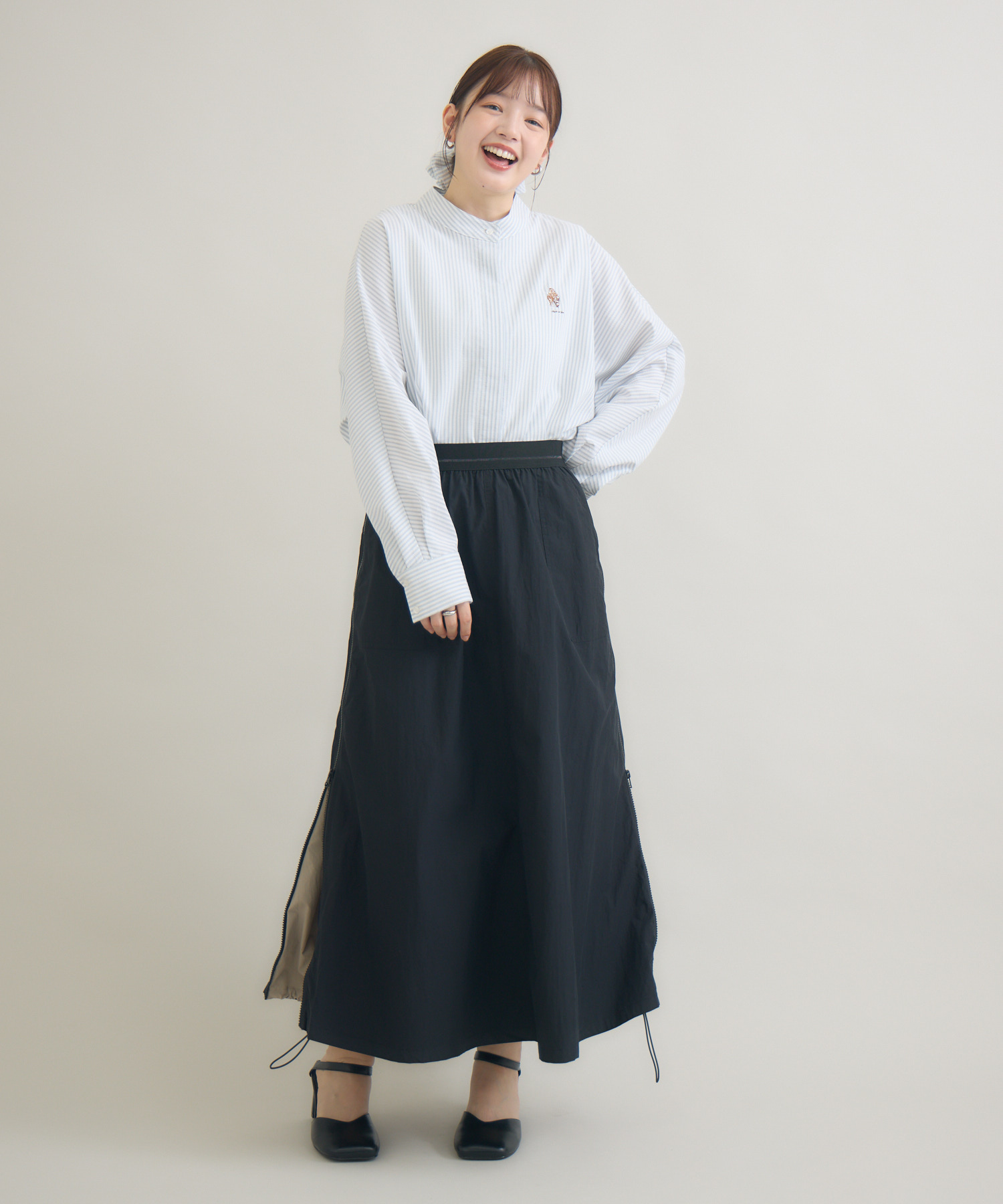 おひさま牧場】ストライプシャツ 「しずく＆グレイ」刺繍 / meeny miny